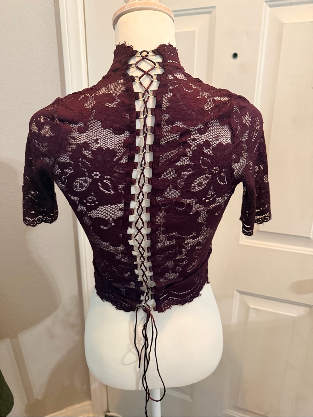 Dolls Kill | Lace-Up Back Burgundy Lace Crop Top NWoT